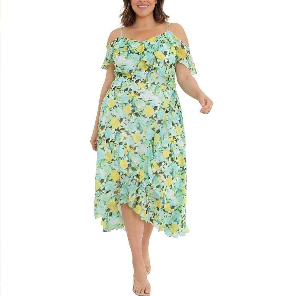 London Times Size 22W Plus Yellow Blue Cold Shoulder Ruffle Faux Wrap Dress